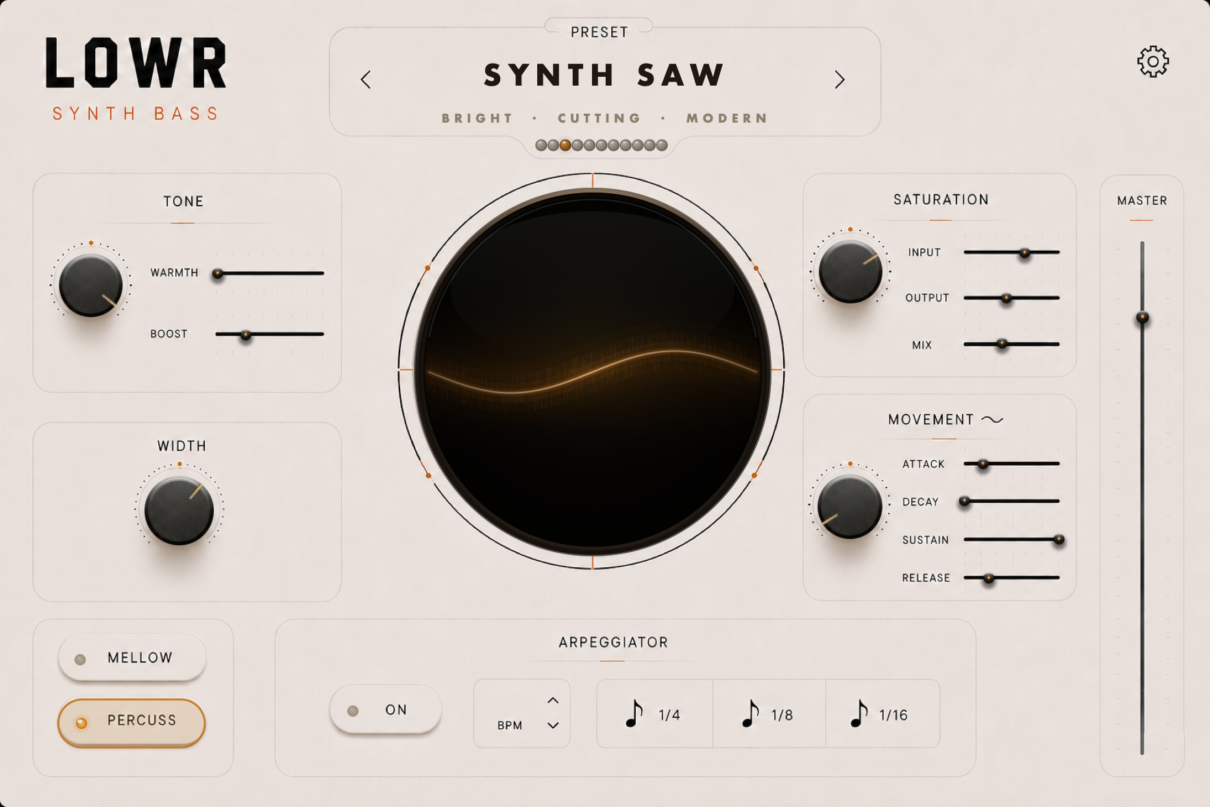 LOWR Synth Bass plugin interface, set to the Synth Saw preset, showing tone, saturation and movement controls around a live waveform display