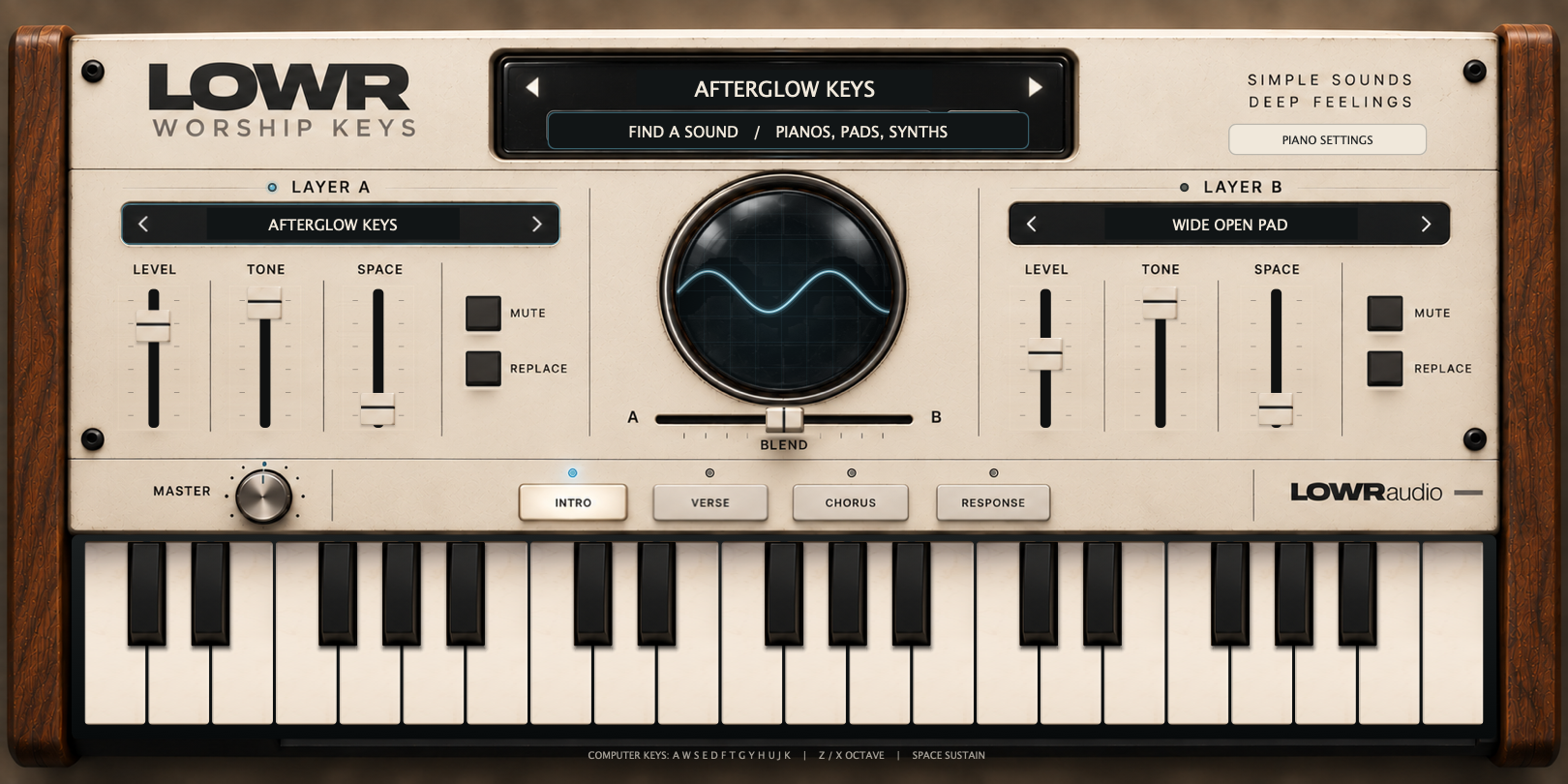 Preview of LOWR Worship Keys with two sound layers, blend control, section buttons, and keyboard